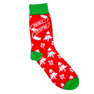 Red with white "Merry Christmas" and and trees and green edging Crew Socks