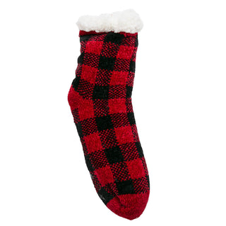 Red and black plaid slipper sock with white faux Sherpa fur at top.