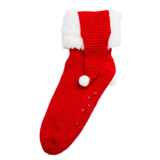 Red slipper sock with white faux fur, side view.