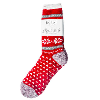 Red and white hearts and snowflakes print slipper sock