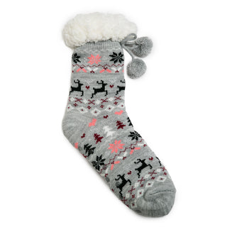 gray reindeer patterned socks with white sherpa lining and  pom-pom