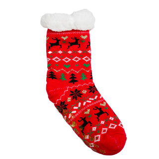 red reindeer patterned socks with white sherpa lining and  pom-pom