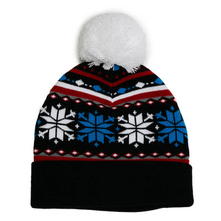 Black Pom Pom Beanie Hat with Snowflake Motif