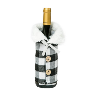 wine sweater in black and white buffalo plaid with fleece lining and 2 faux wood buttons