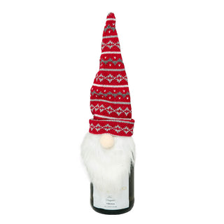 Gnome bottle topper with red, green and gray print knit hat