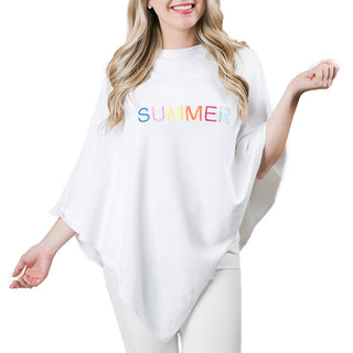 White One Size Poncho with SUMMER embroidered in multicolor