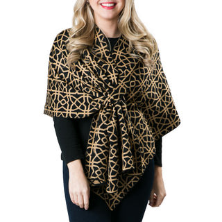 black and camel geometric knit wrap shawl with keyhole closure