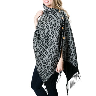 gray leopard poncho wrap with buttons that reverses to solid black