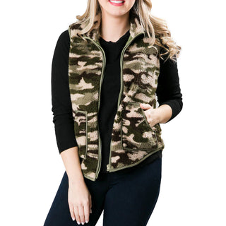 green camouflage print fleece vest with zipper front and pockets