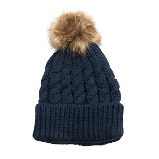 Navy cable knit hat with faux fur pom pom