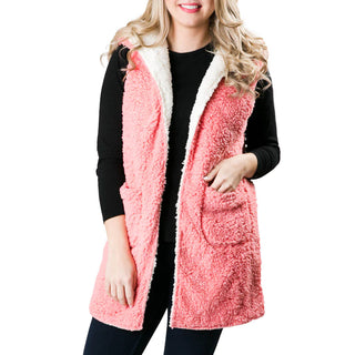 reversible pink sherpa vest with hood and pockets