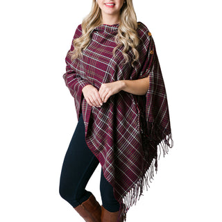 Red and navy plaid wrap shawl with buttons and fringe