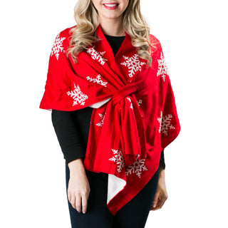 red and white snowflake knit wrap shawl with keyhole closure